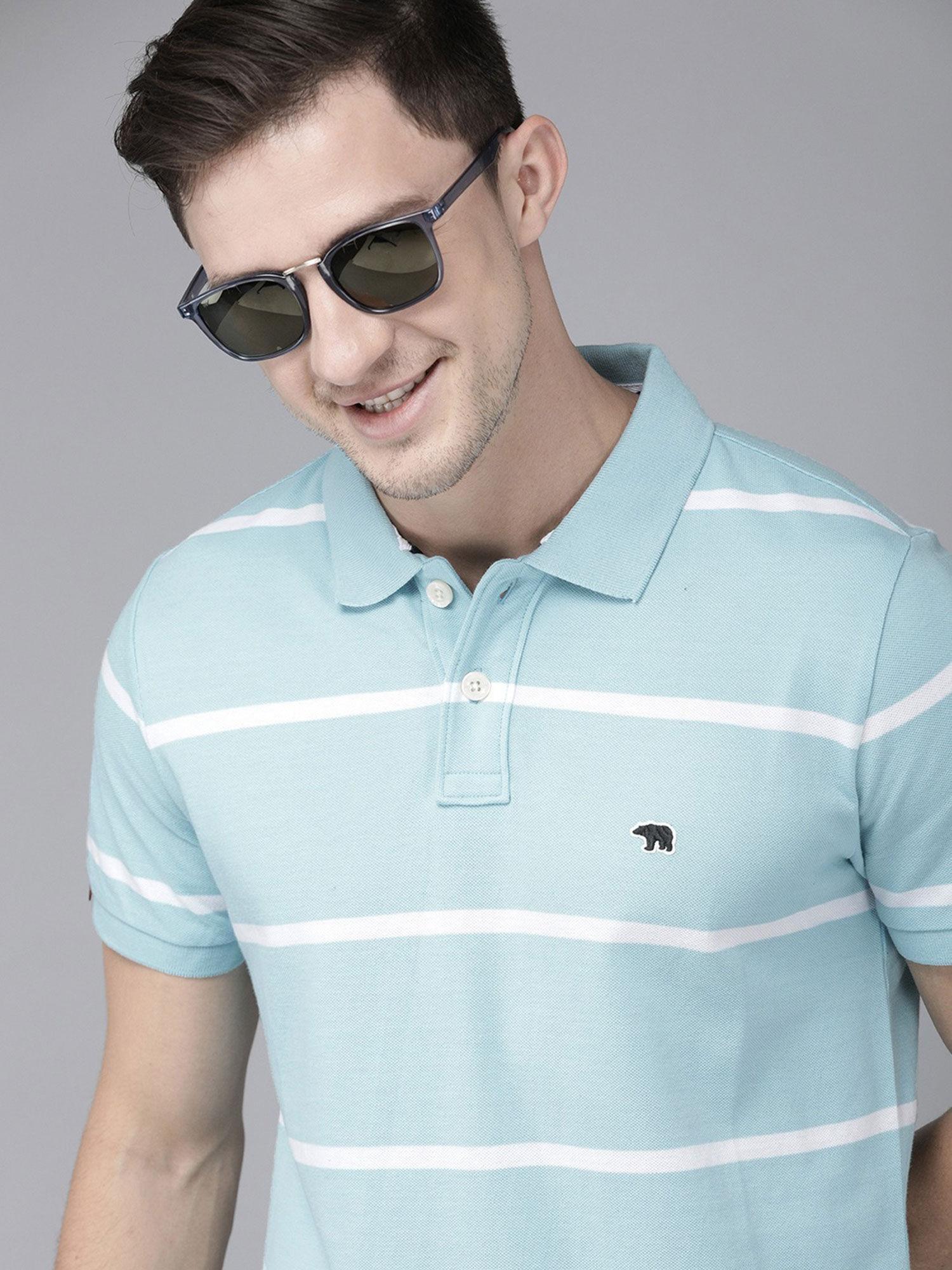 men blue white striped polo collar slim fit t-shirt