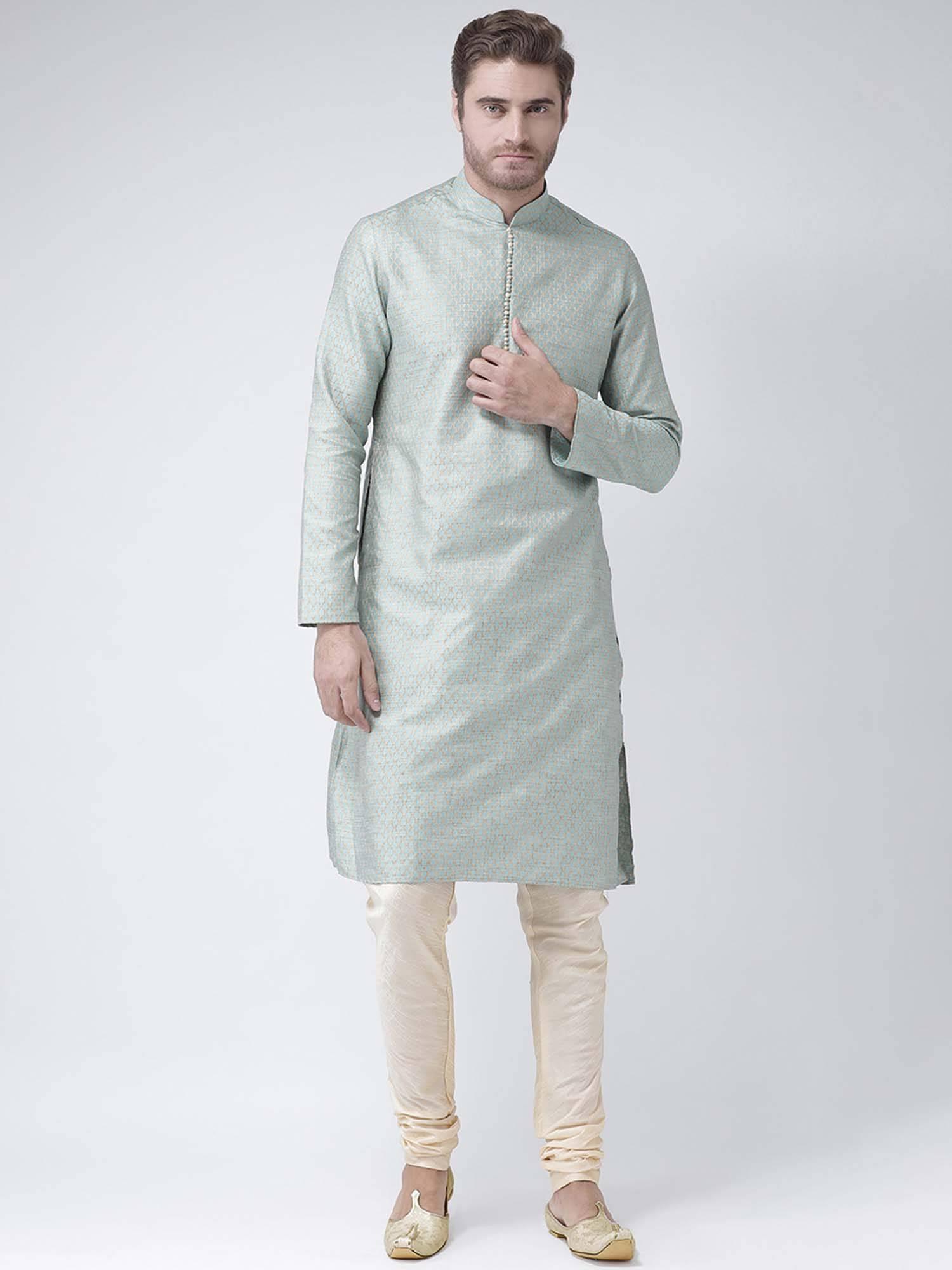 men blue woven design banarasi handloom straight kurta