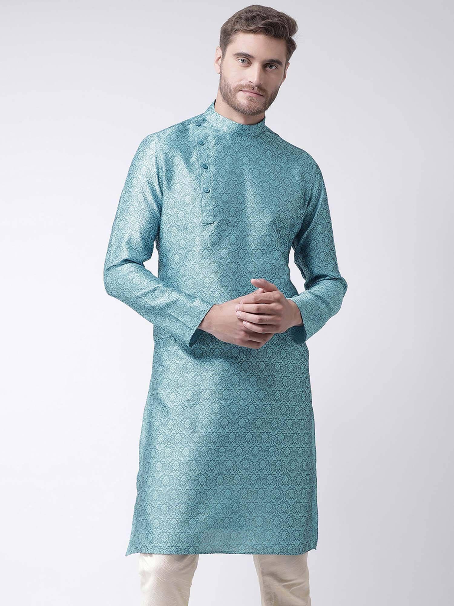 men blue woven design straight kurta