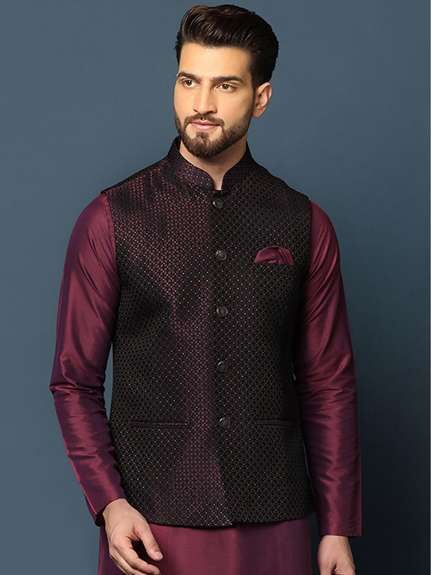 men blue woven nehru jacket