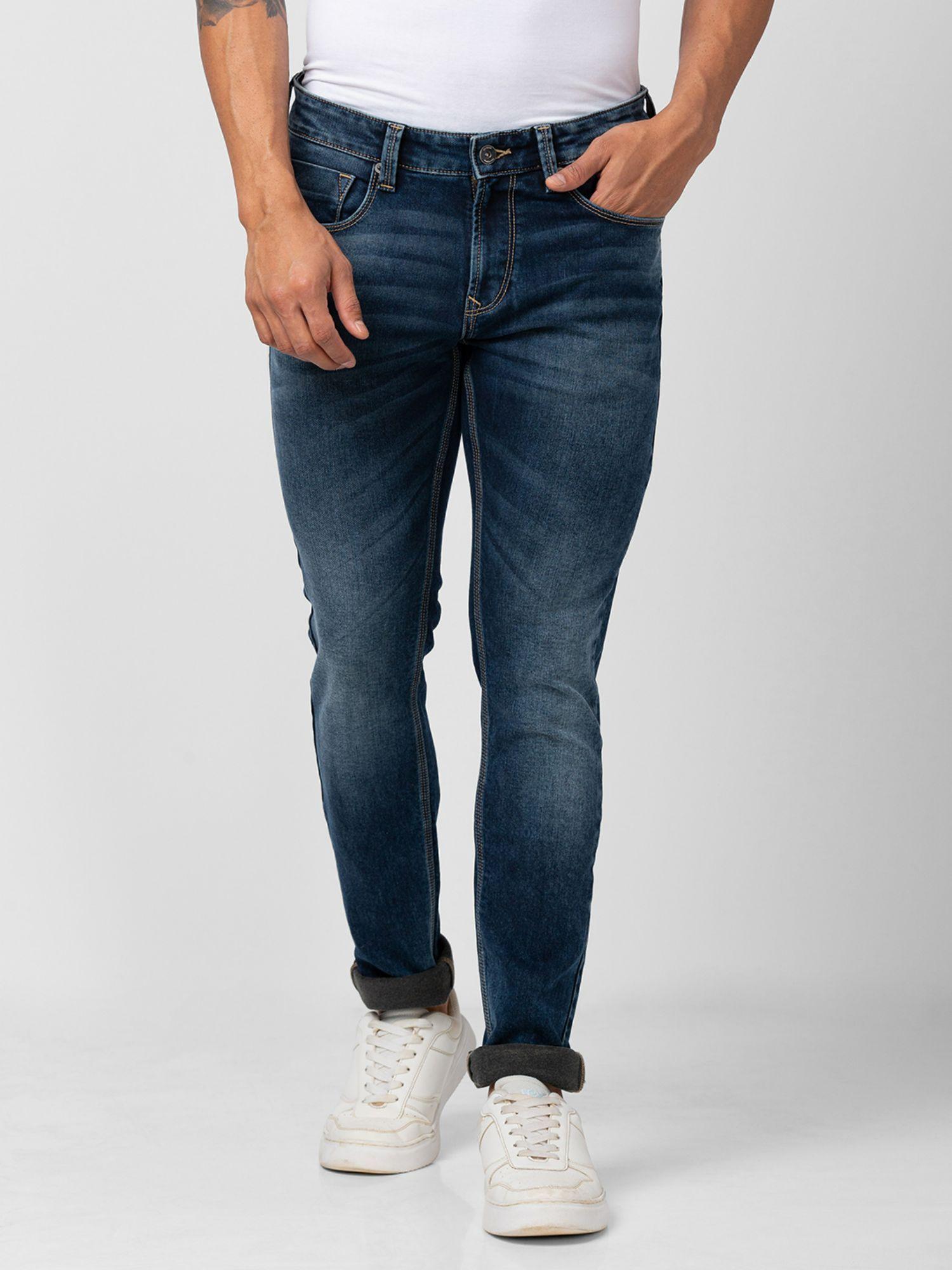 men bluish blue cotton stretch slim fit narrow length jeans (skinny)