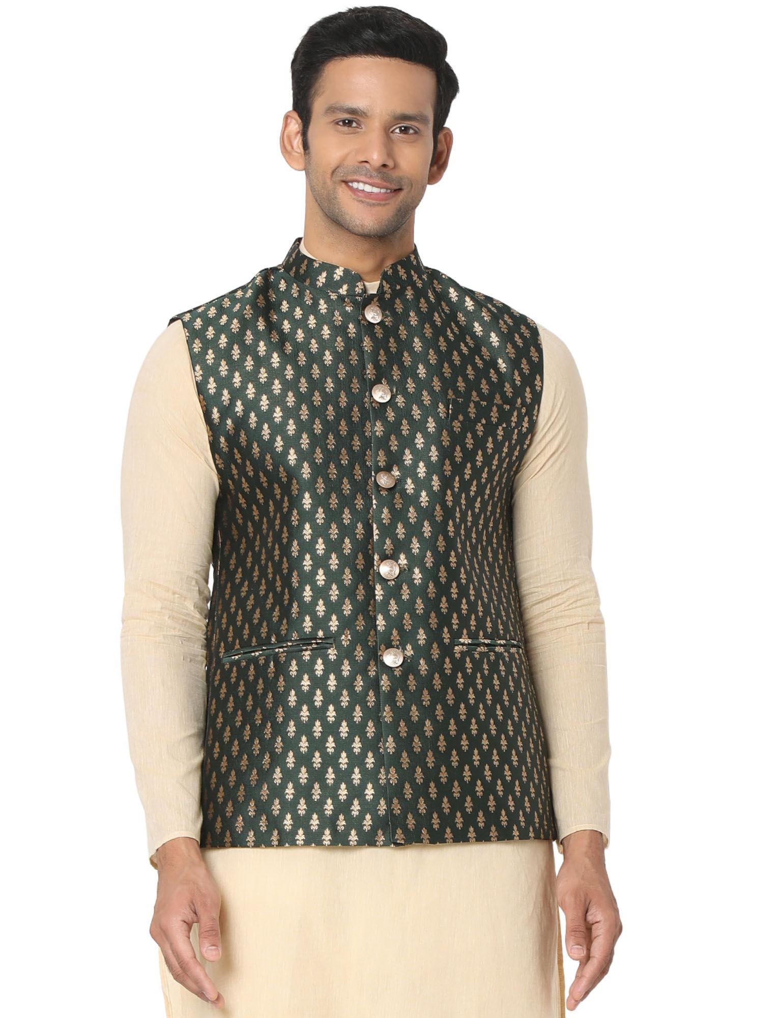 men bottle green art silk jacquard sleeveless nehru jacket