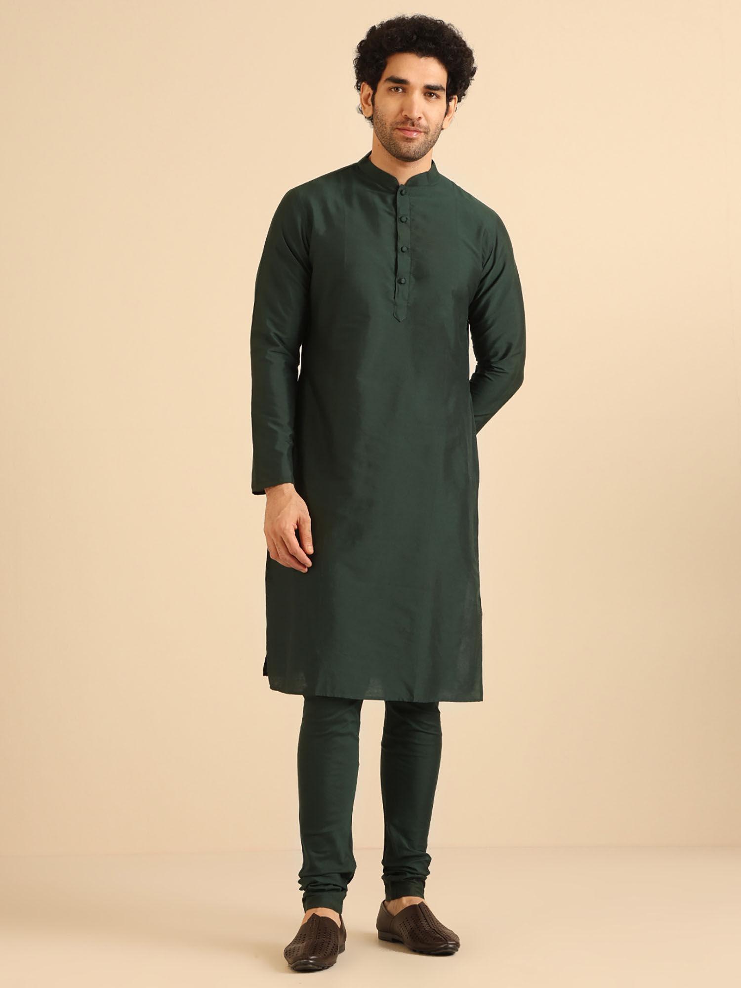 men bottle green kurta and churidar (set of 2)