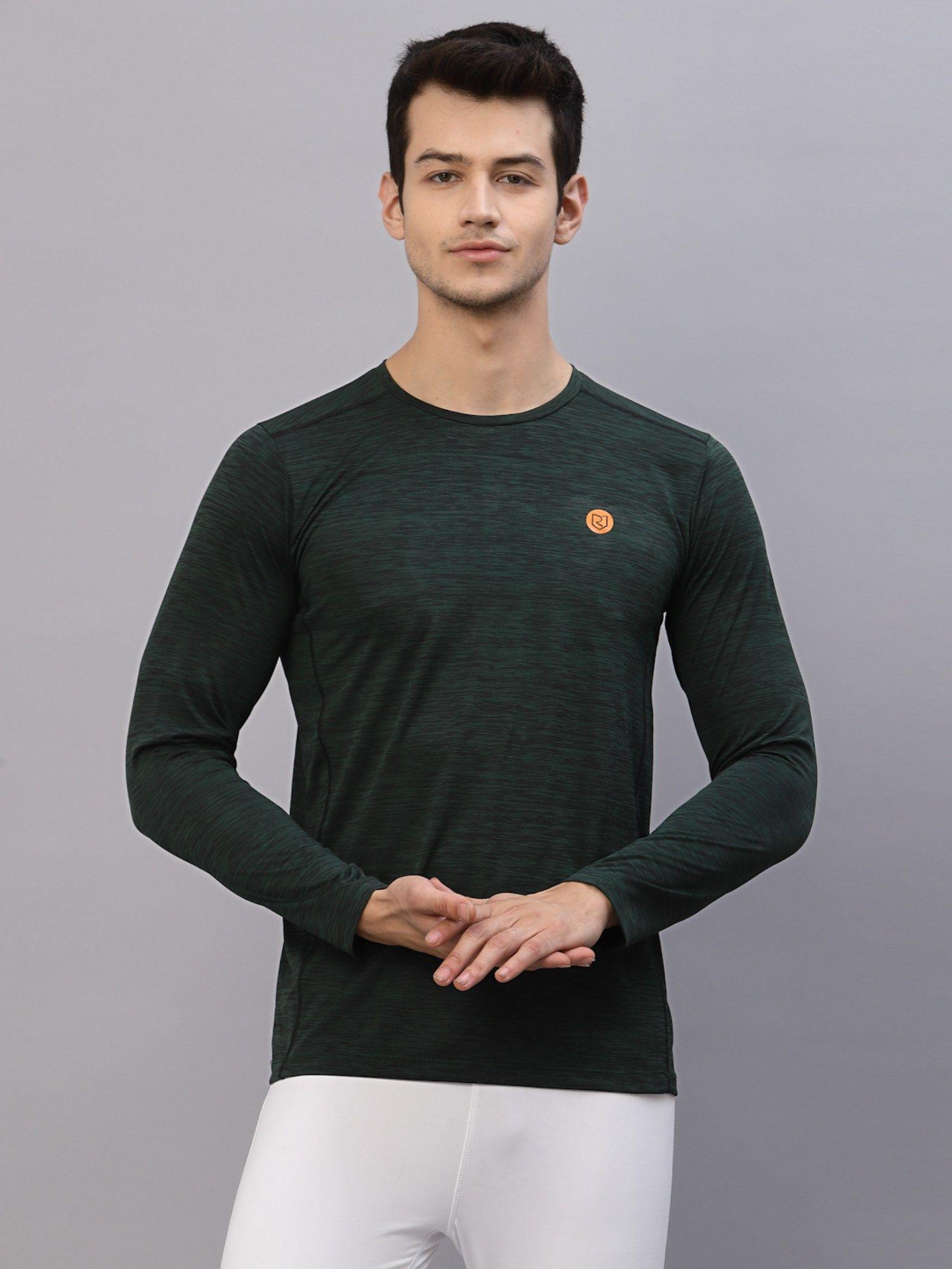 men bottle green self texture round neck full sleeve activewear t-shirt