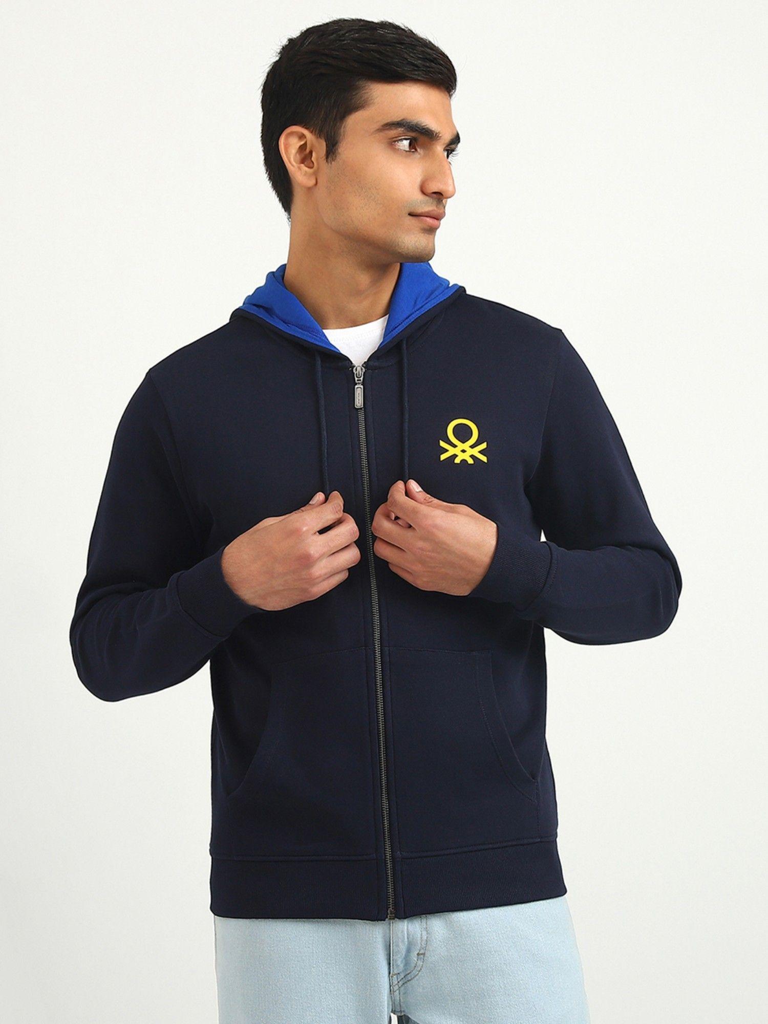 men brand logo hooded sweatshirt navy blue