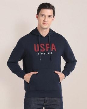 men brand print regular fit hoodie with kangaroo pocket