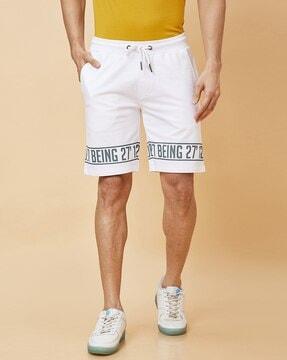 men brand print regular fit knit shorts