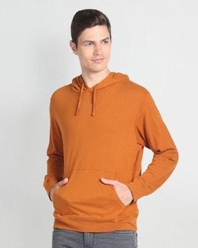 men brand print slim fit hoodie with kangaroo pocket