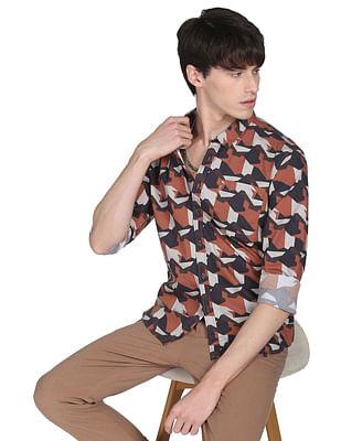 men brown abstract print cotton casual shirt