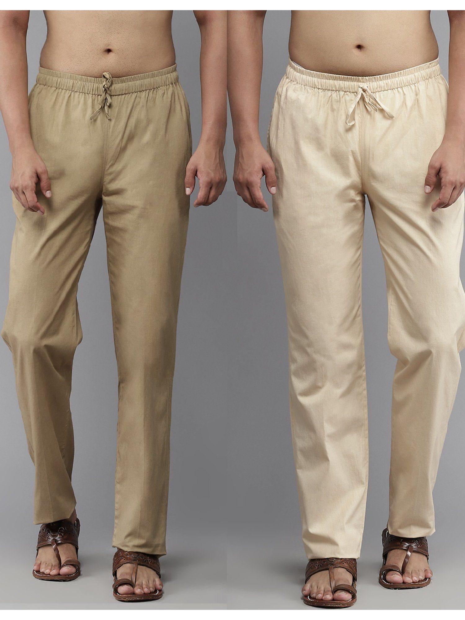 men brown and beige solid pure cotton pyjama (set of 2)