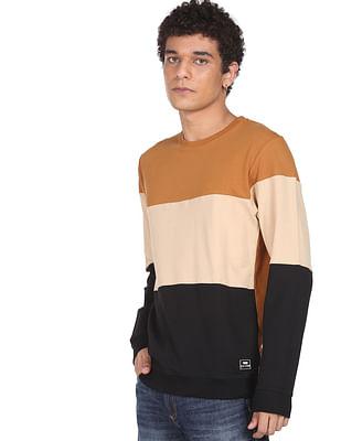 men brown and black crew neck colour block sweatshirt