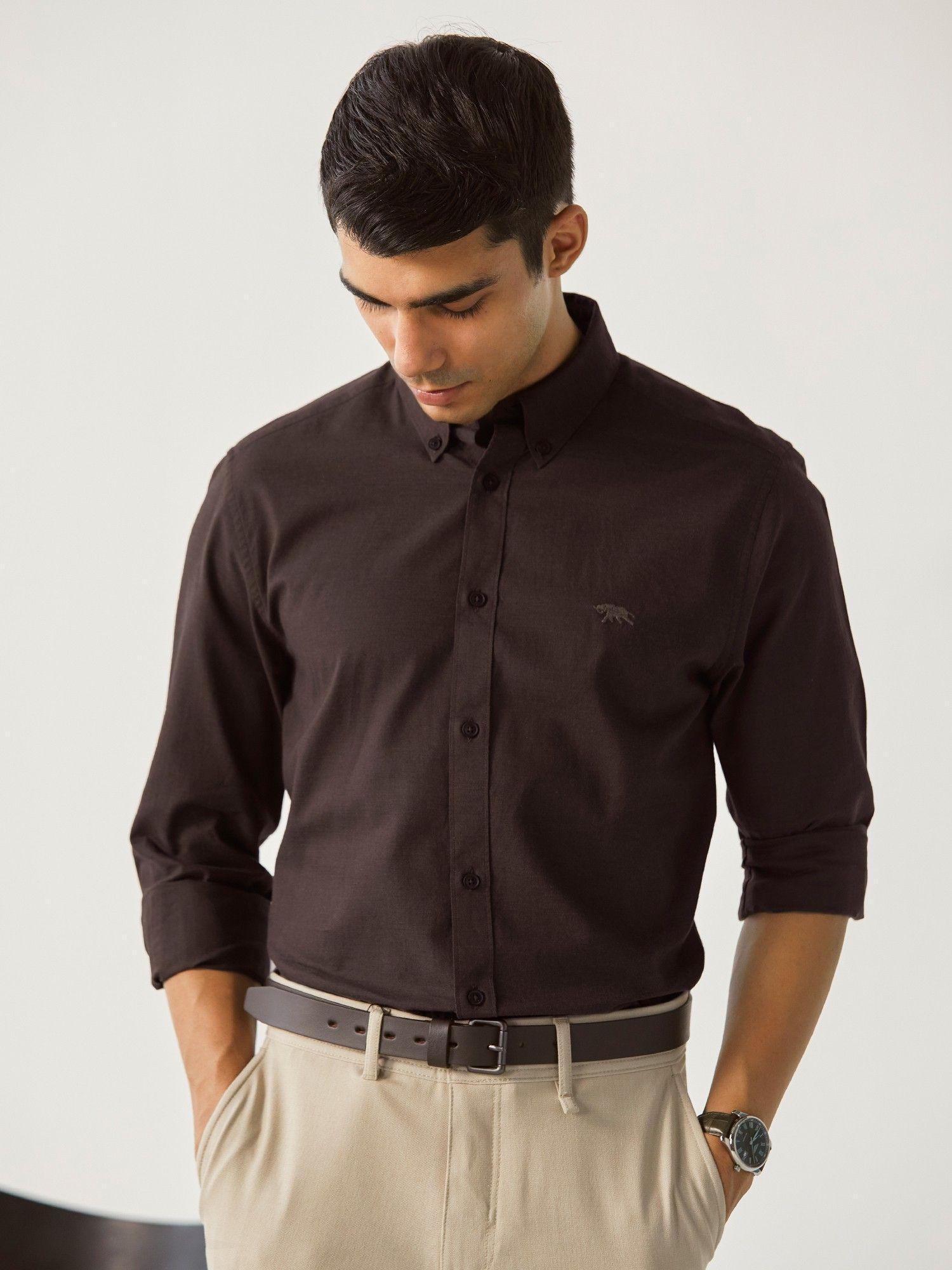 men brown button down slim shirt