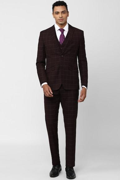 men brown check slim fit formal three piece suit