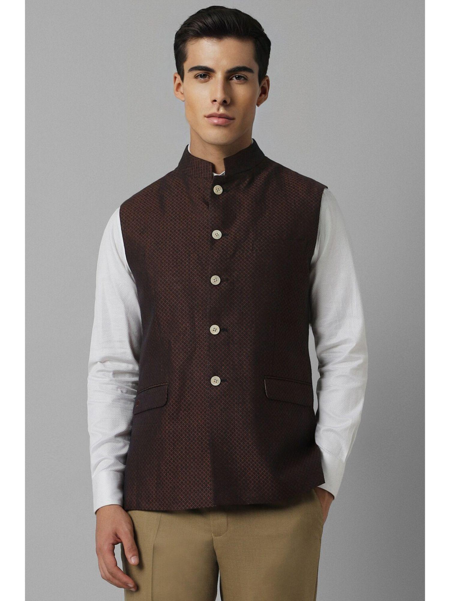 men brown check slim fit party nehru jacket