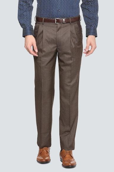 men brown classic fit textured pleated formal trousers