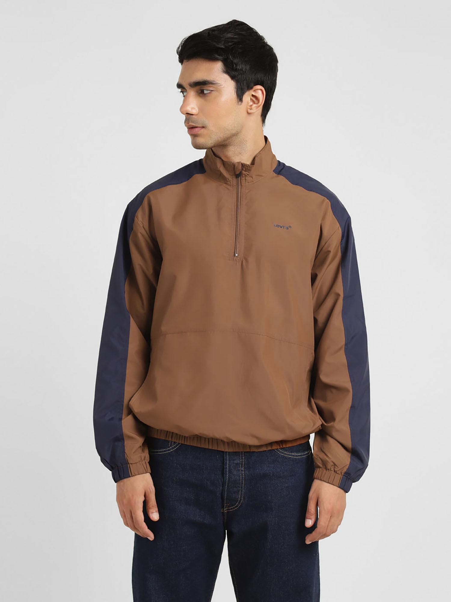 men brown colorblock regular fit bomber jacket