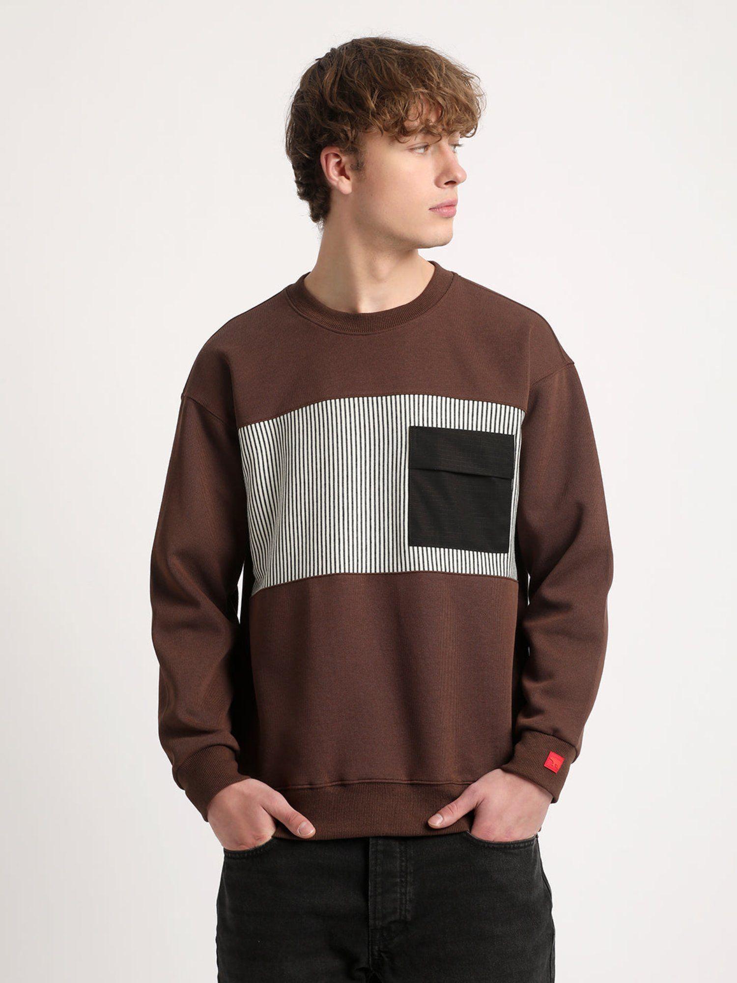 men brown colour blocked relaxed fit sweatshirt