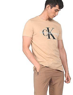 men brown cotton brand print t-shirt