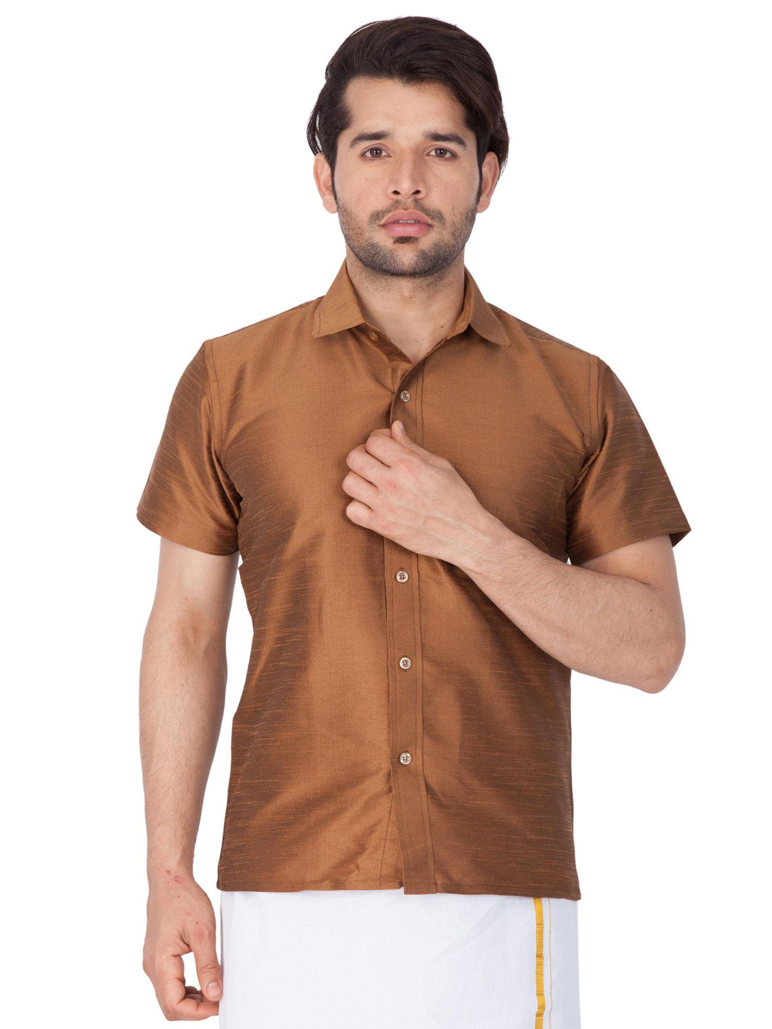 men brown cotton silk ethnic shirt