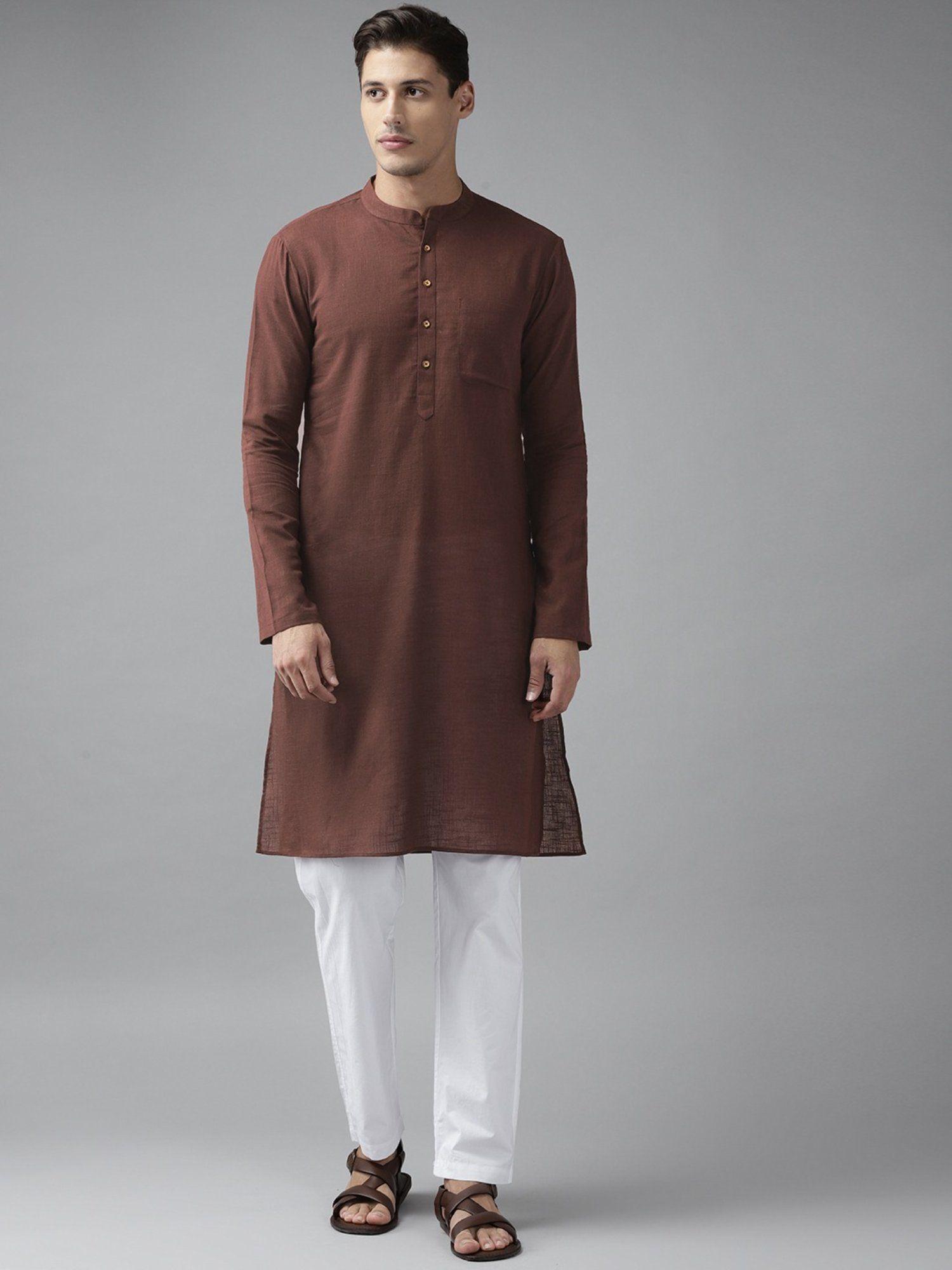 men brown cotton straight slub effect kurta & pyjama (set of 2)