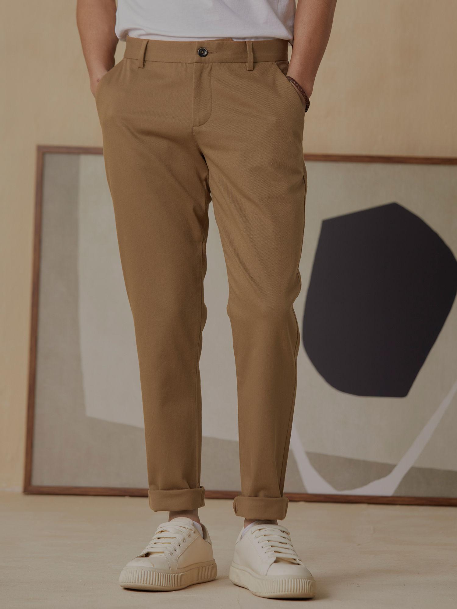 men brown cotton stretchable chinos