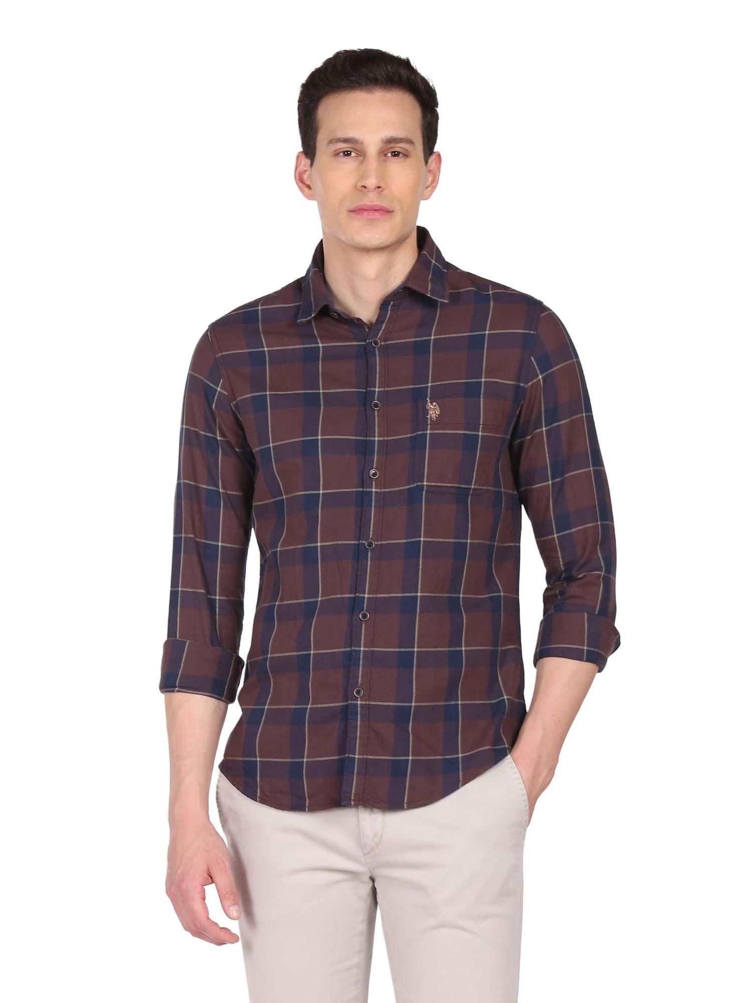 men brown cotton twill weave plaid check casual shirt