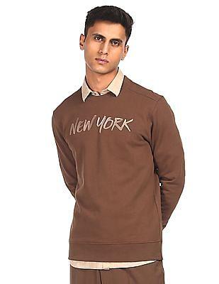 men brown crew neck brand print sweatshirt