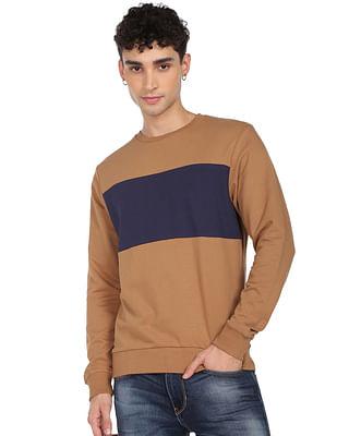 men brown crew neck colour block cotton sweatshirt