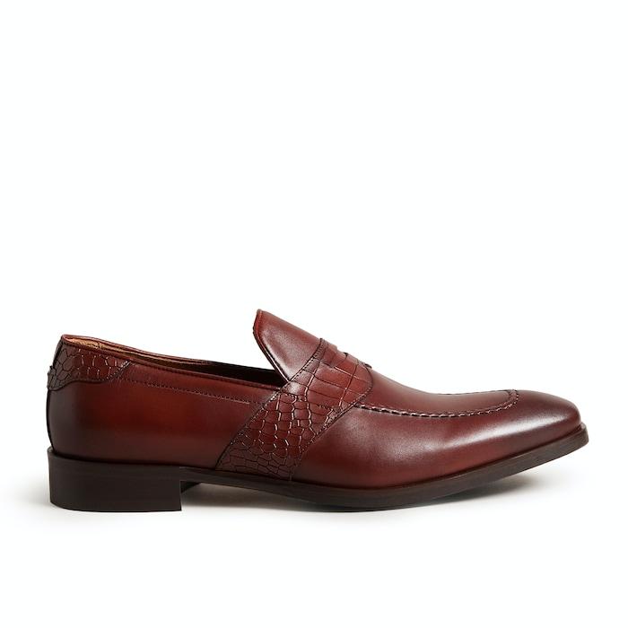 men brown crocodile effect leather formal loafers