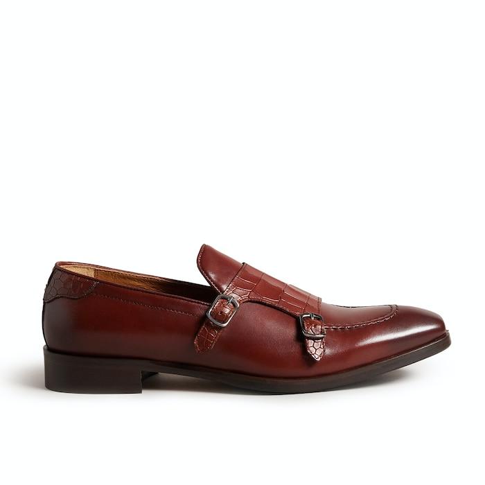 men brown crocodile effect leather monk shoes
