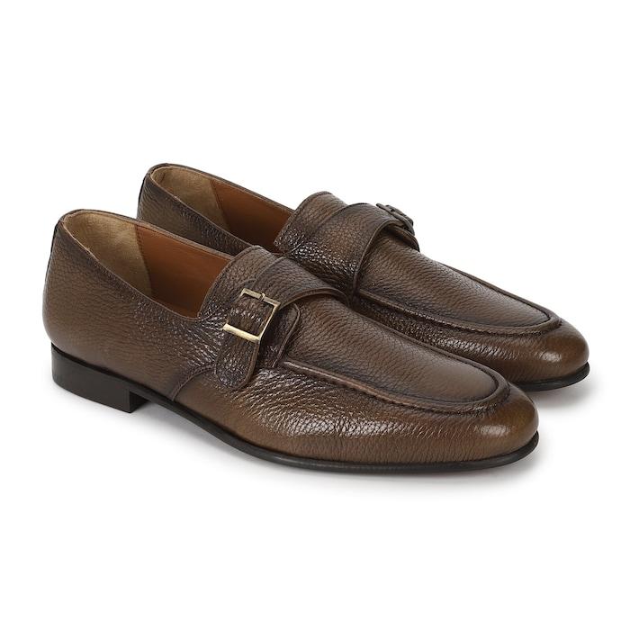 men brown double shaded gold buckle penny loafers