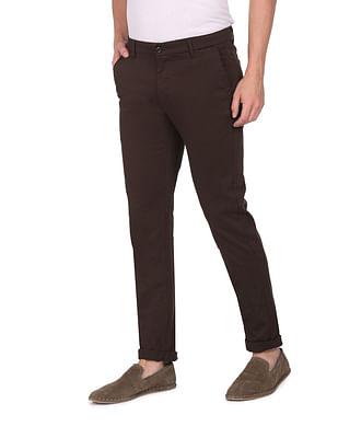 men brown flat front solid casual trousers