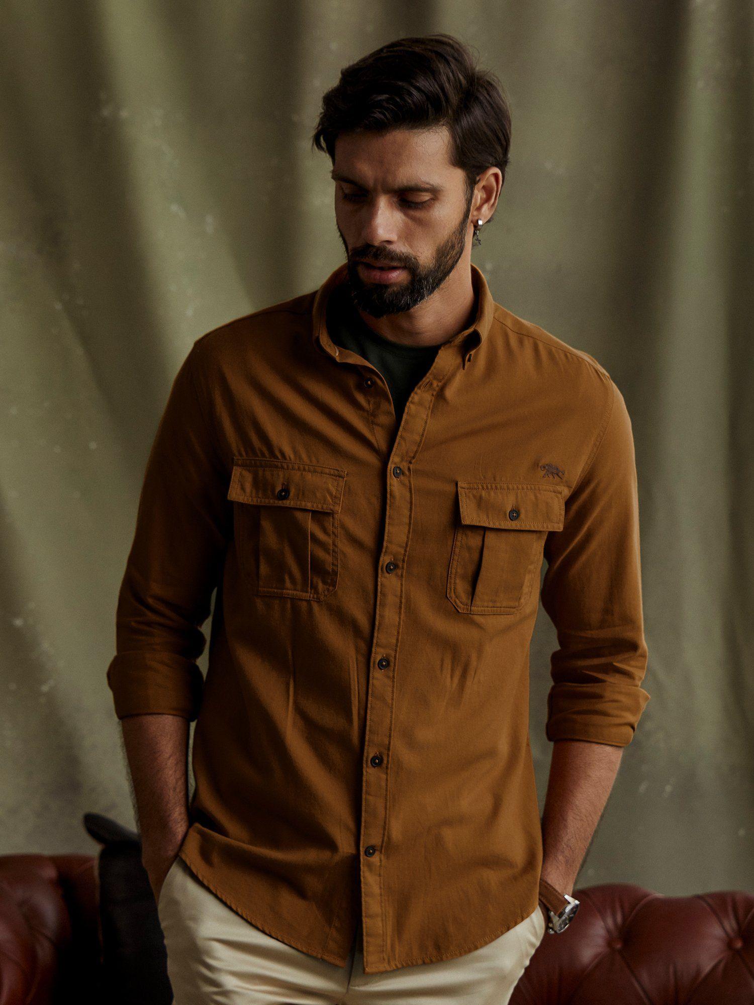 men brown full sleeve button down shirt