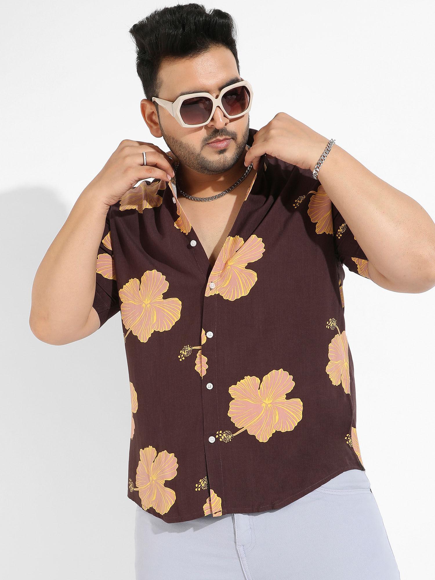 men brown hibiscus print shirt