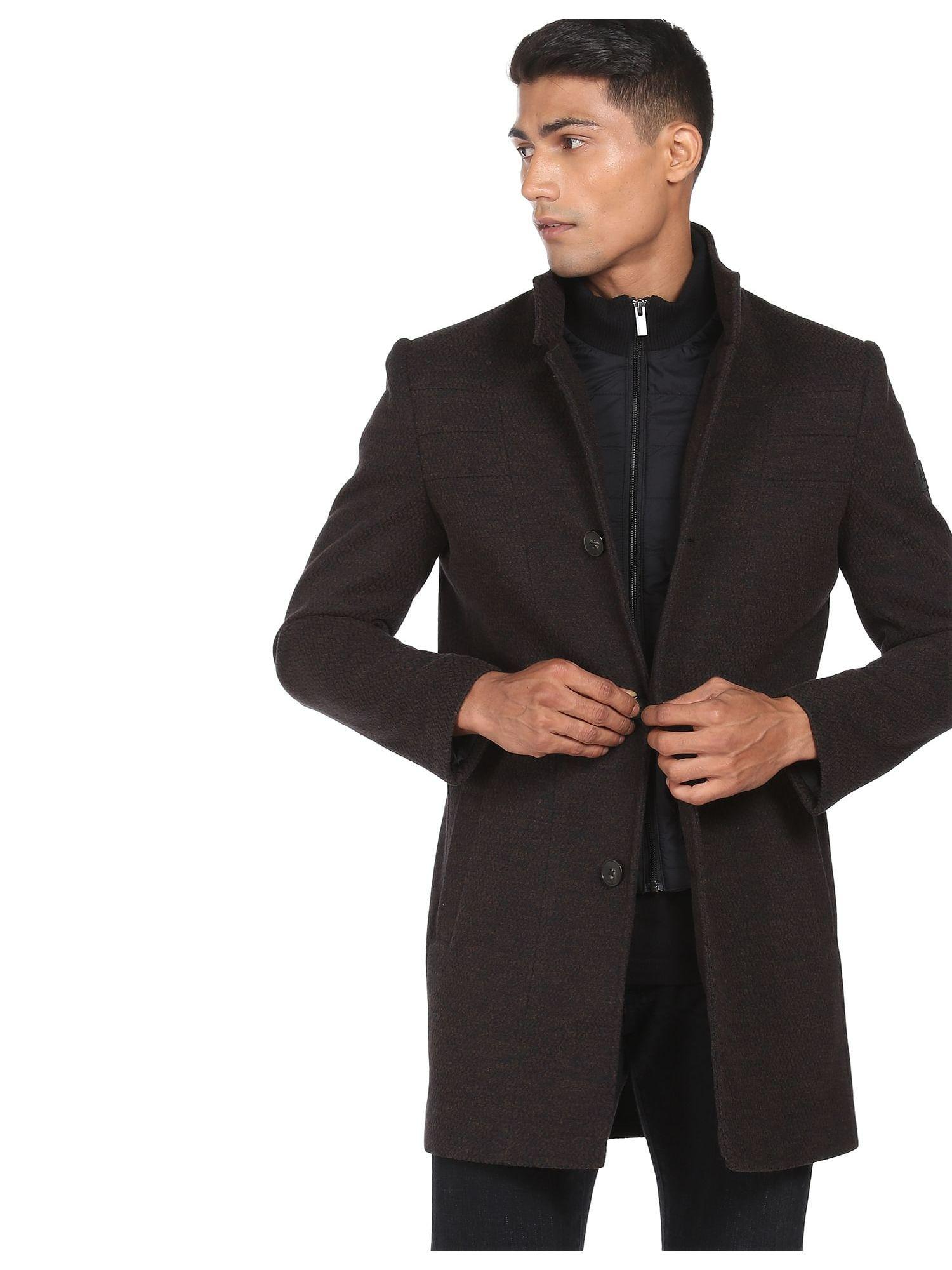 men brown high neck heathered trench coat