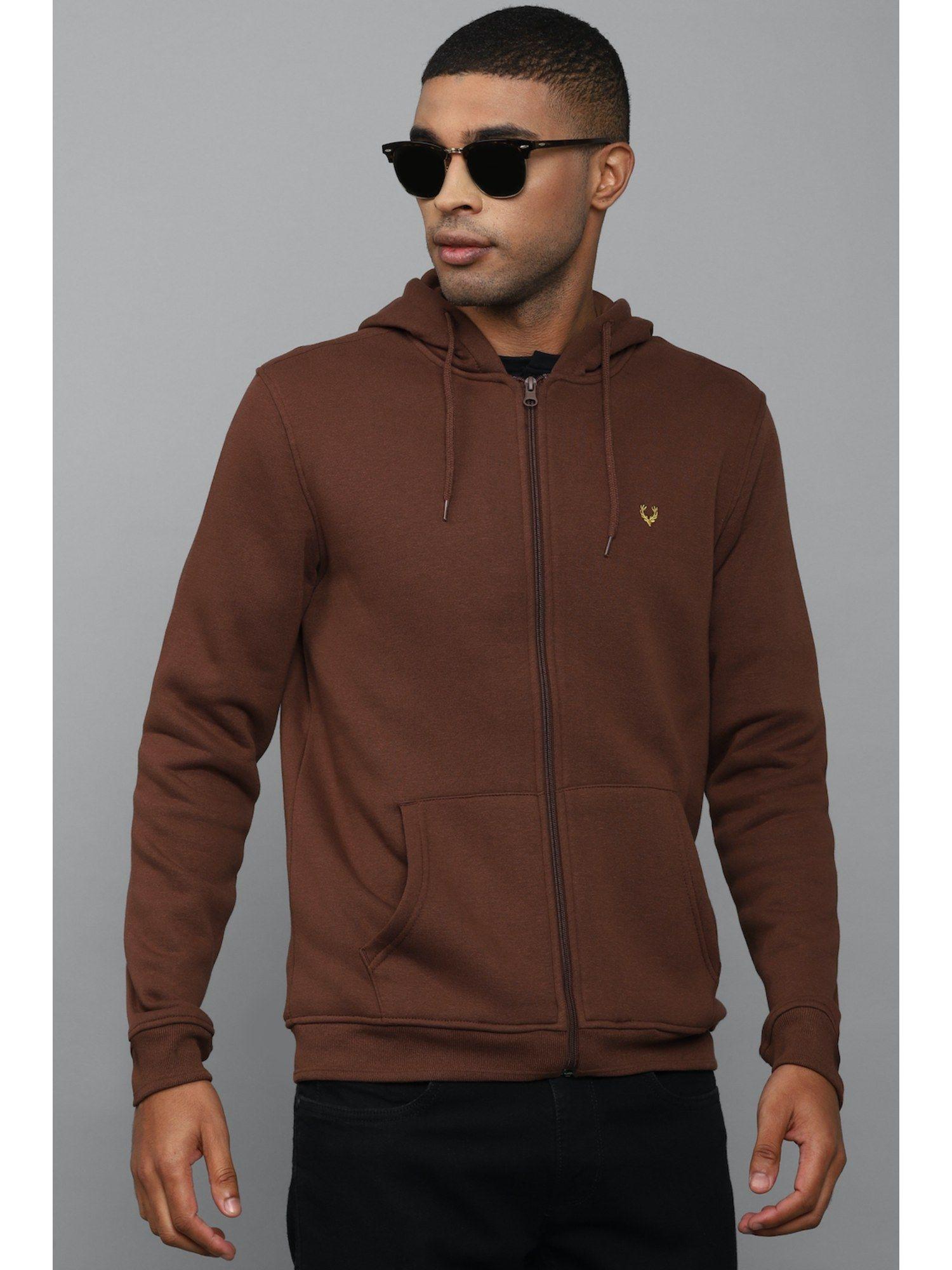 men brown hooded neck full sleeves casual sweatshirt