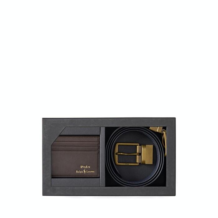men brown leather belt & card case gift set