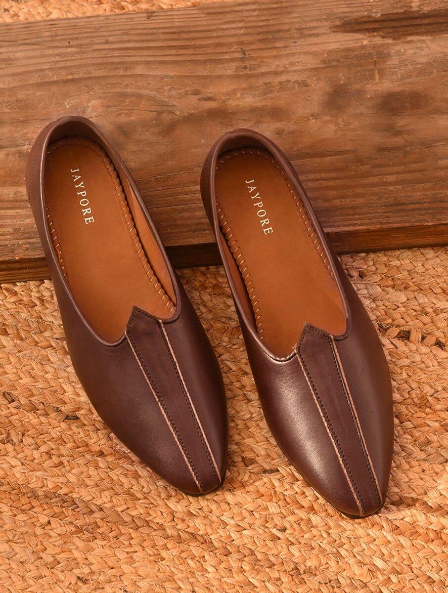 men brown leather embroidered mojris &amp; juttis