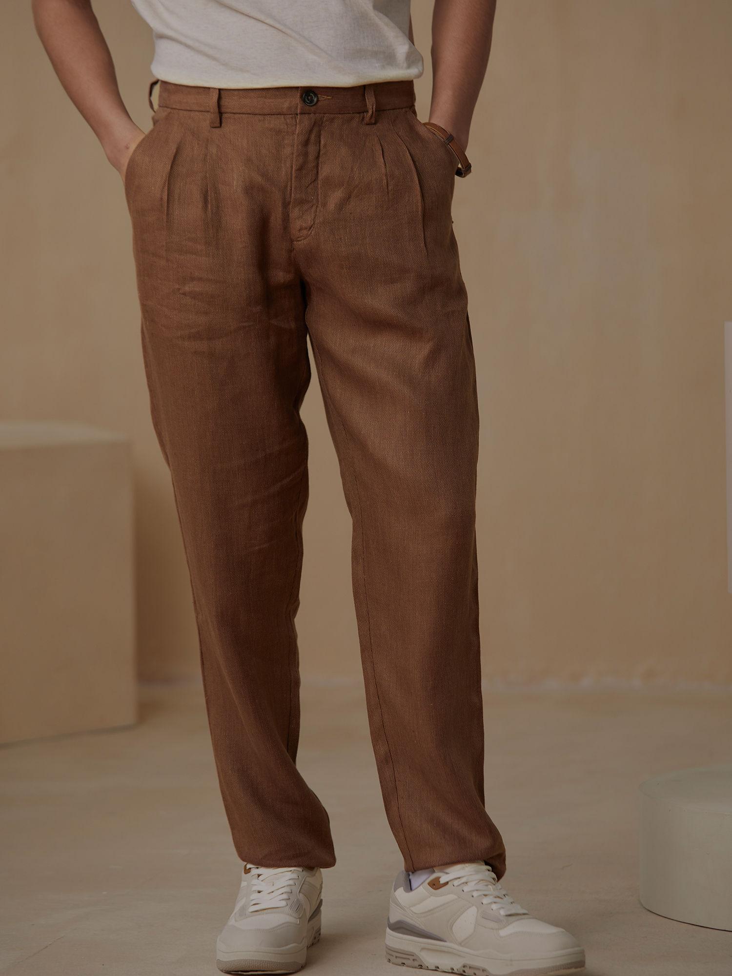 men brown linen pleated pant