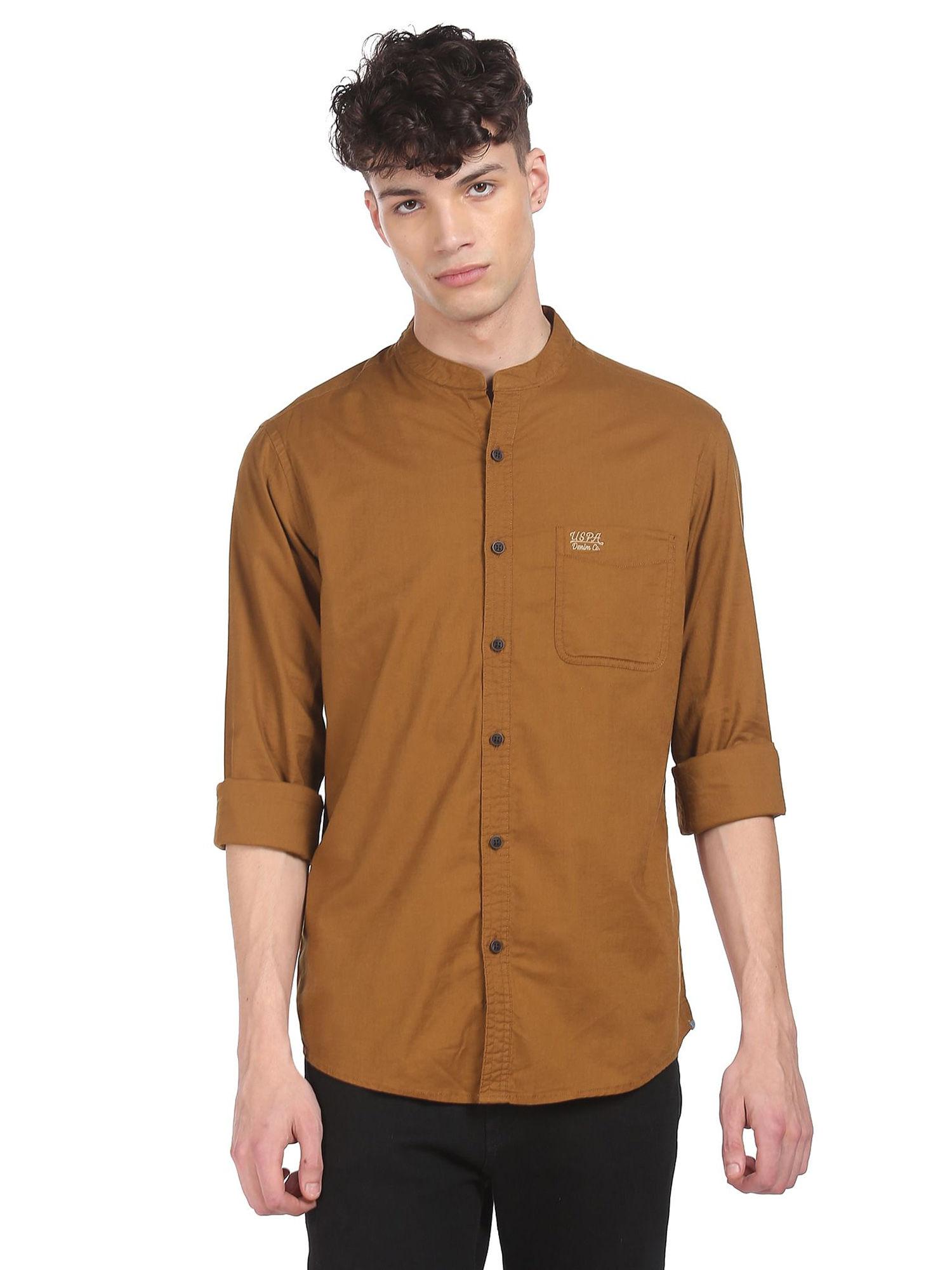 men brown mandarin neck solid casual shirt