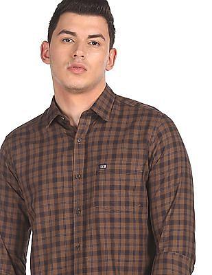 men brown manhattan slim fit cotton check casual shirt
