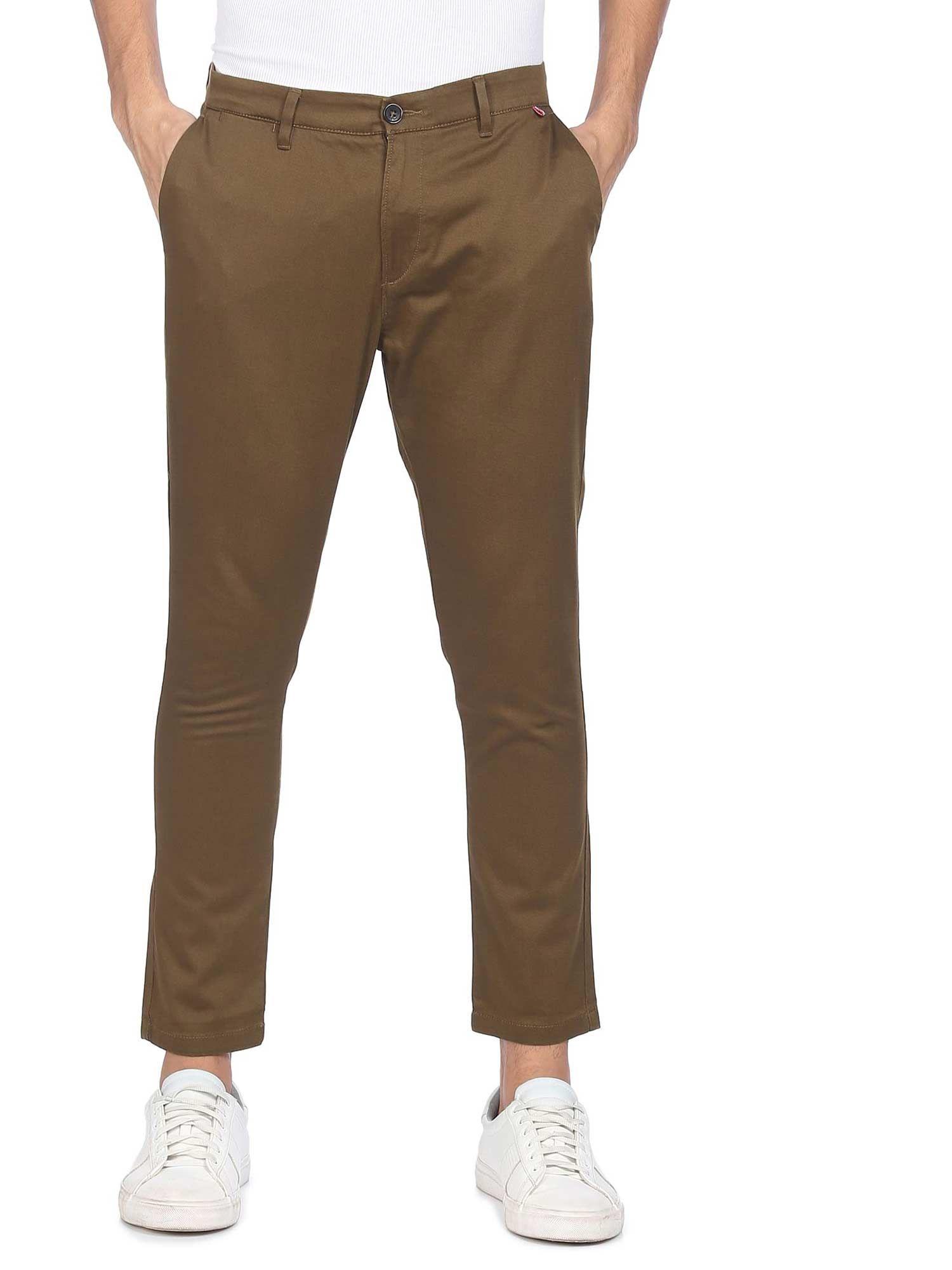 men brown mid rise solid casual trousers