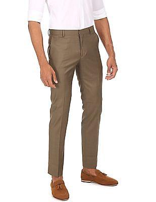 men brown mid rise solid smart casual trousers