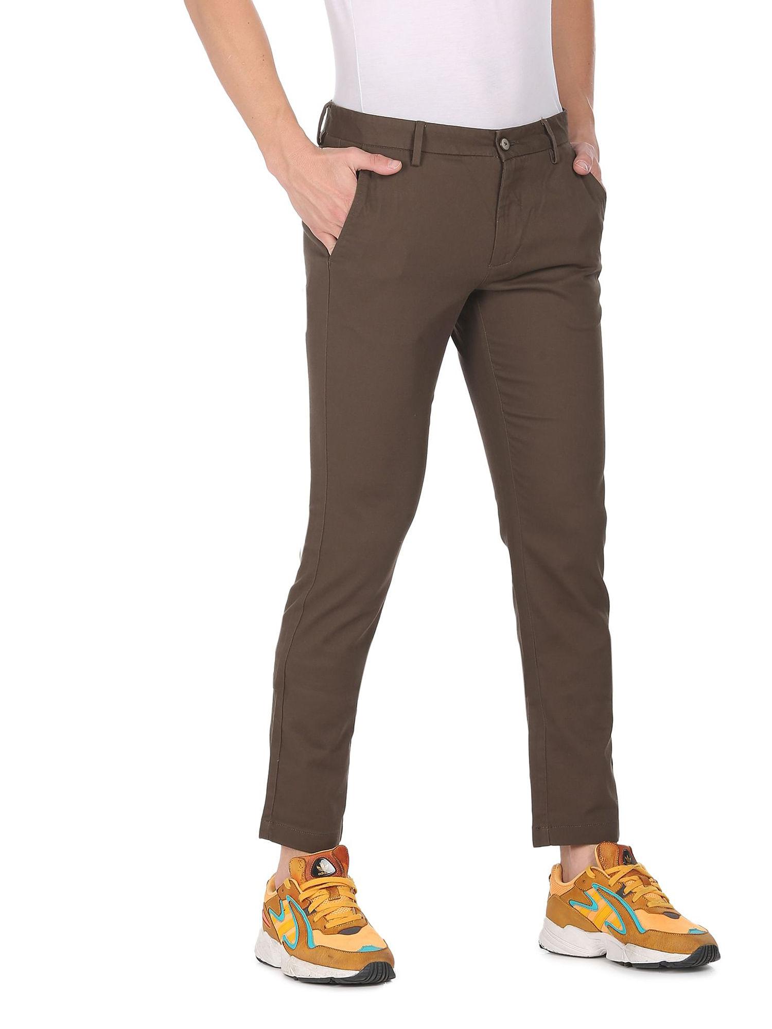 men brown mid rise solid trousers