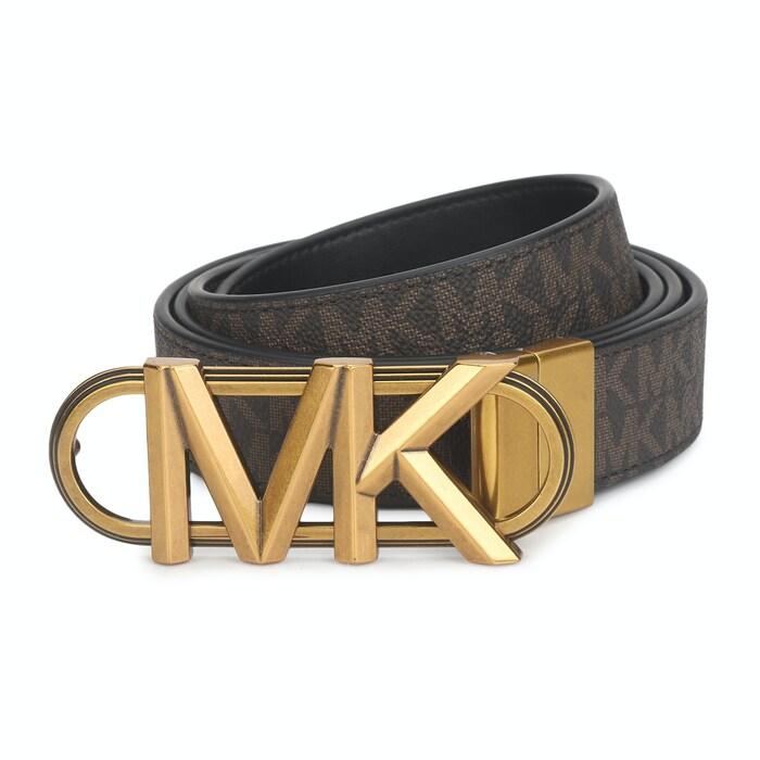 men brown mk plaque buckle belt