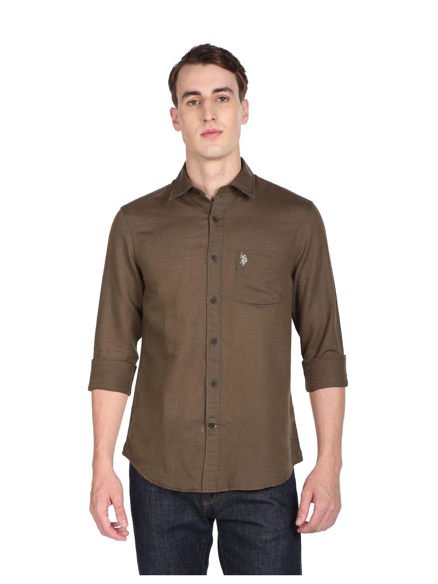 men brown oxford weave solid casual shirt