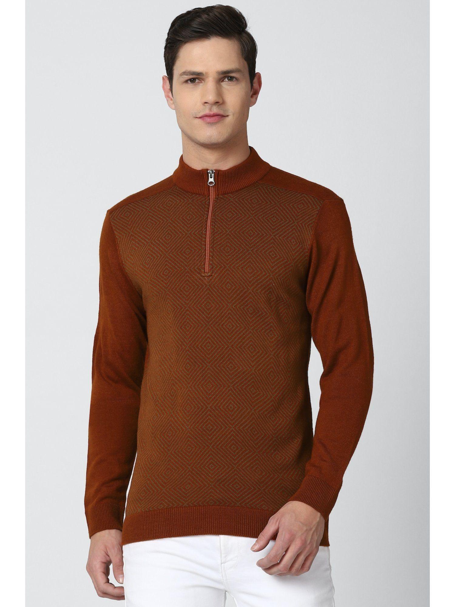 men brown patterned stylized neck sweater