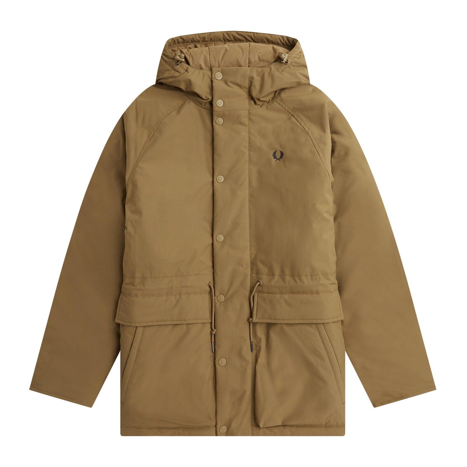 men brown plain padded zip-through chest logo jacket