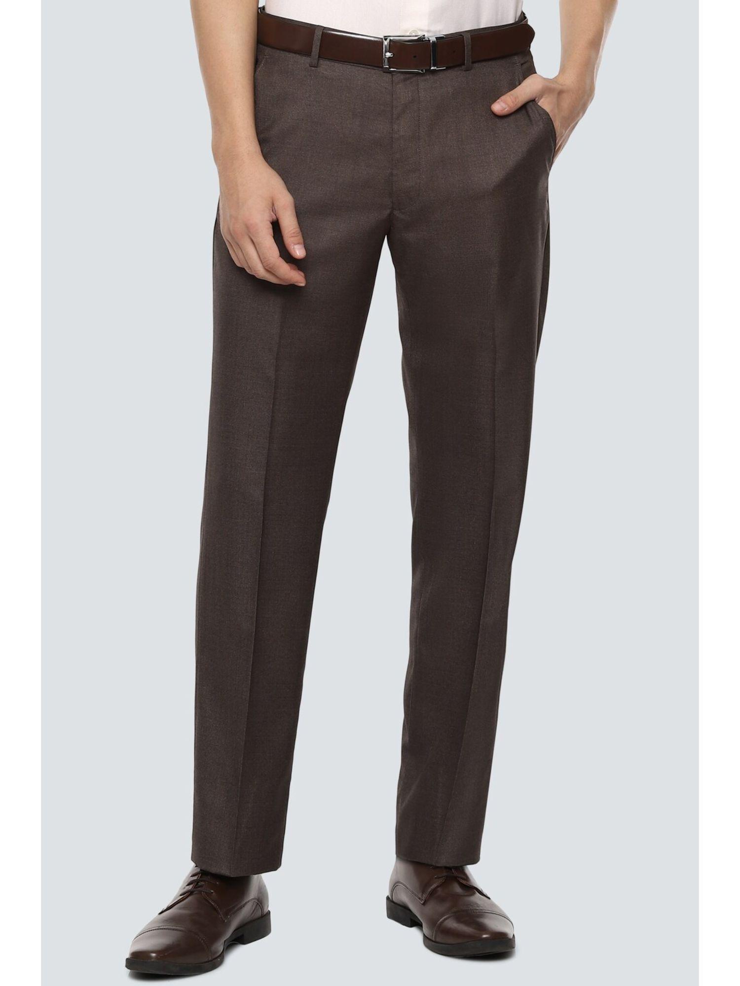 men brown regular fit textured flat front formal trouser