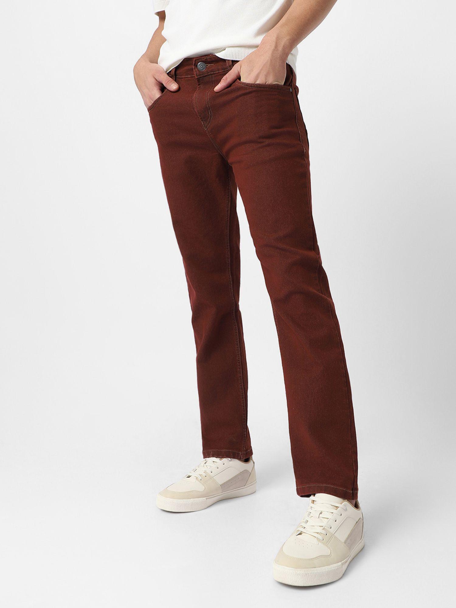 men brown regular fit washed jeans stretchable